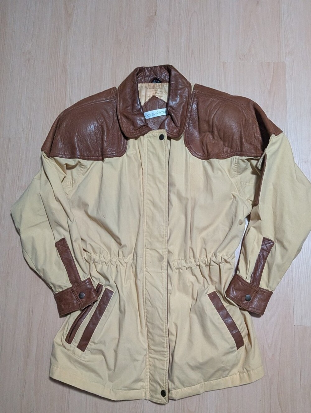 Vintage Andrew Marc Women’s Safari Field Jacket Leather Yoke Tan 1980s 90s